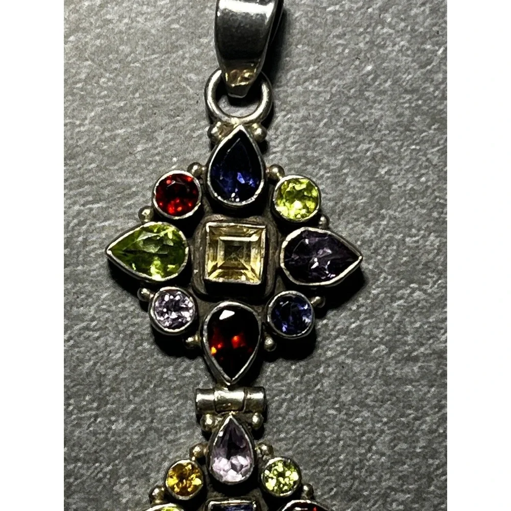 Sterling Silver Multi Gemstone Drop Pendant 925 Amethyst Peridot Garnet Boho